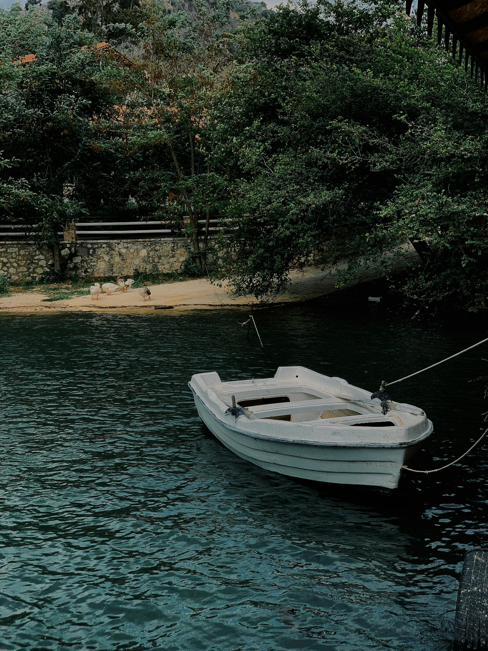 Petite barque en bois amarrée sur une eau calme bordée de verdure, ambiance intime