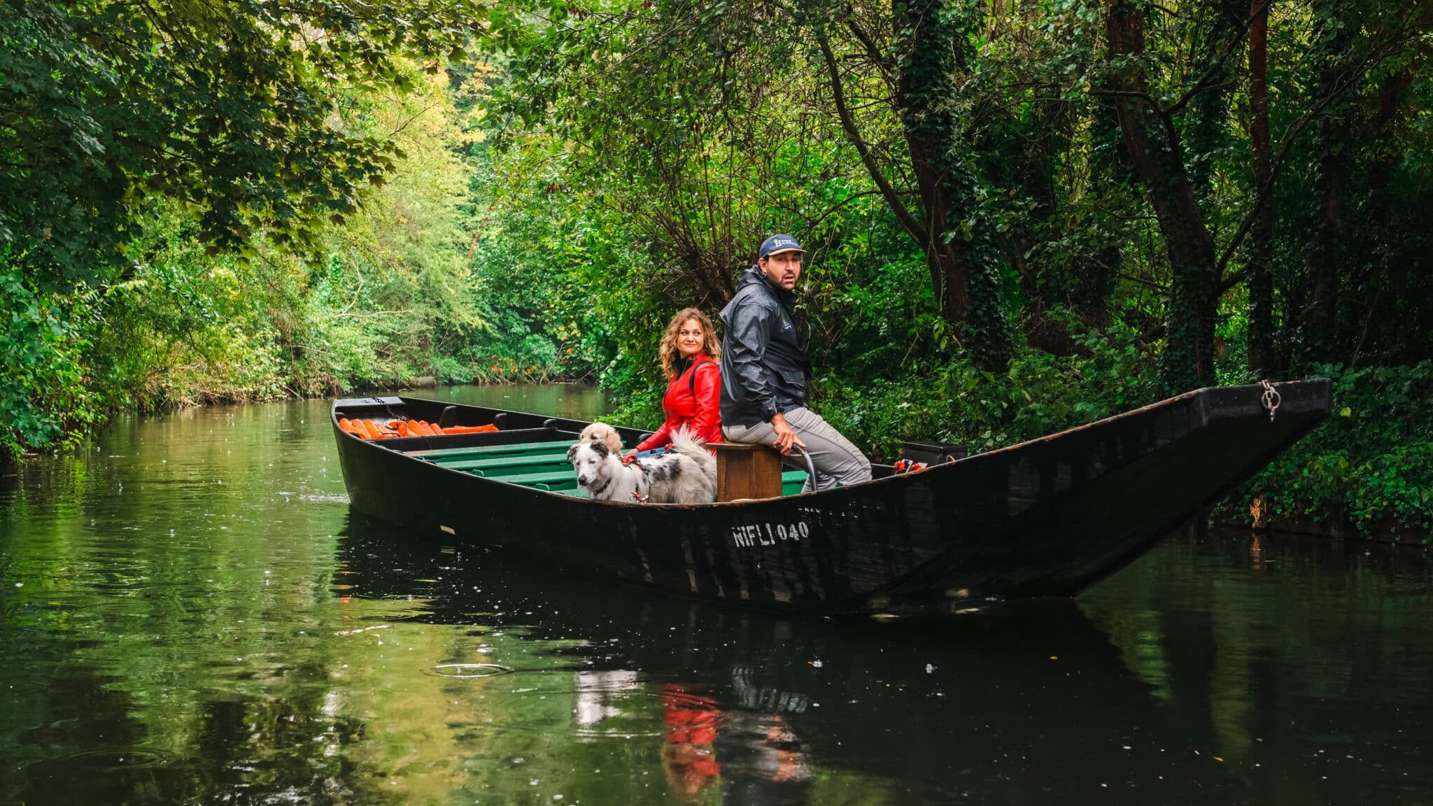 Barque traditionnelle sur un canal des Hortillonnages d’Amiens, deux passagers et deux chiens à bord